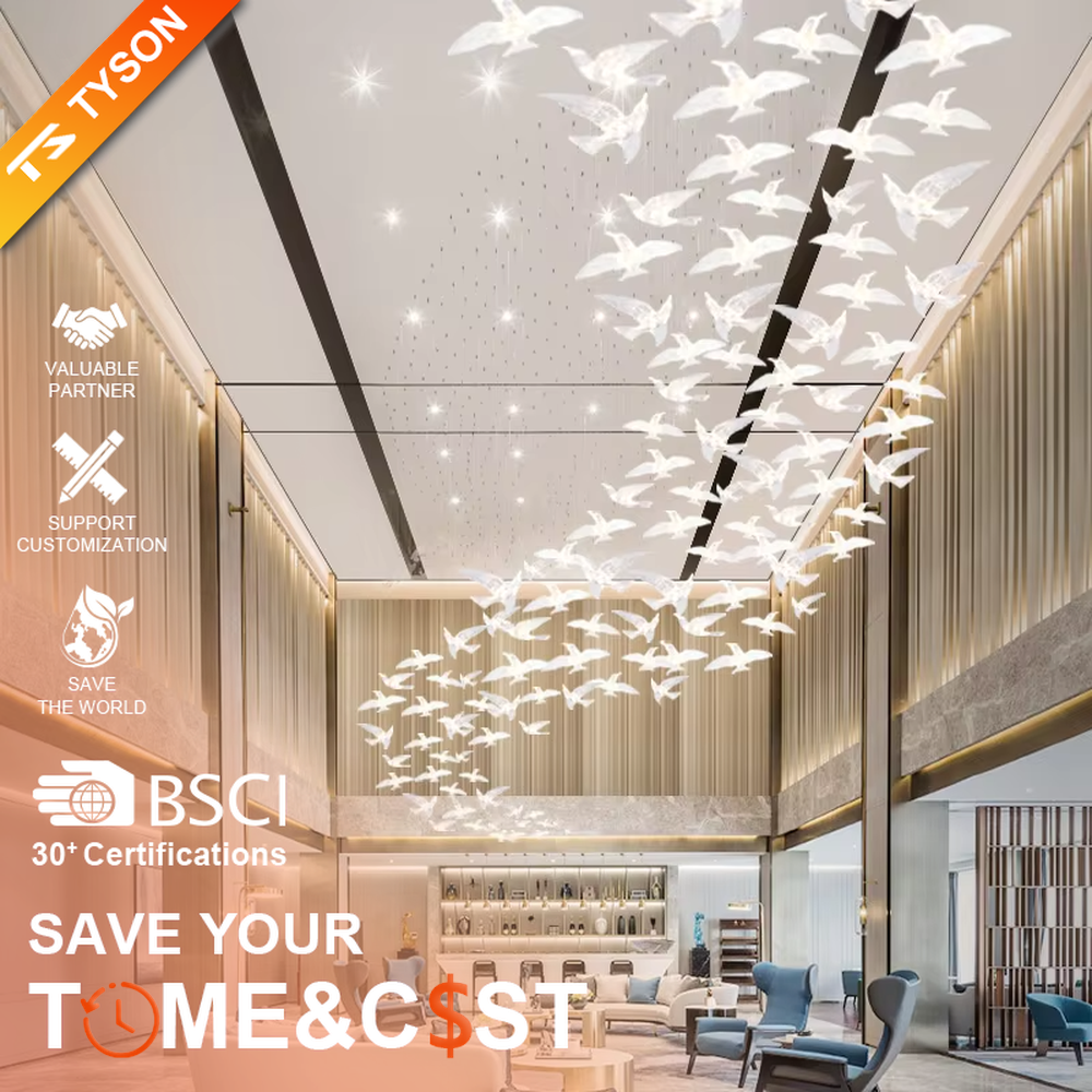 This art chandelier features bird shapes made of light-transmitting material, hung staggered with slender suspension rods, creating a vivid effect of a flock of birds flying, serving both lighting and decorative purposes, ideal for high-ceiling commercial spaces such as sales offices, hotel lobbies, and art exhibition halls.