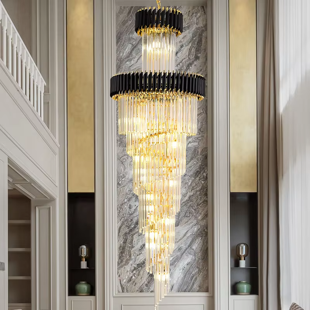Luxurious multi-layer golden frame crystal high-ceiling chandelier, decorated with pendant transparent crystals, brilliant and gorgeous lighting, creating a high-end luxurious atmosphere.