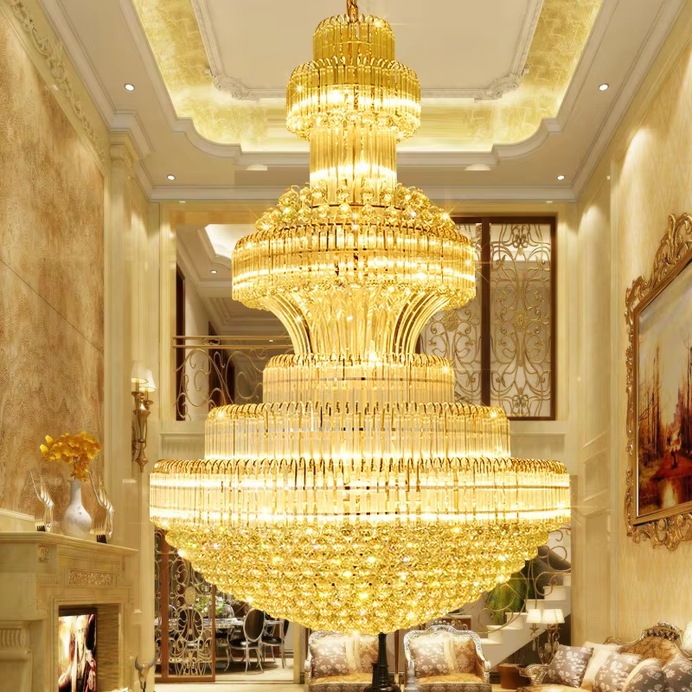 European-style top-luxury full golden frame multi-layer crystal tower chandelier (long strip + granular crystals), warm light effect, creating an extremely gorgeous top-luxury atmosphere.