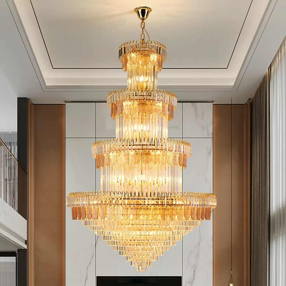 Luxurious multi-layer black-gold decorative crystal chandelier, golden frame paired with transparent crystals and black decorative pieces, brilliant and gorgeous lighting, creating a high-end luxurious atmosphere.