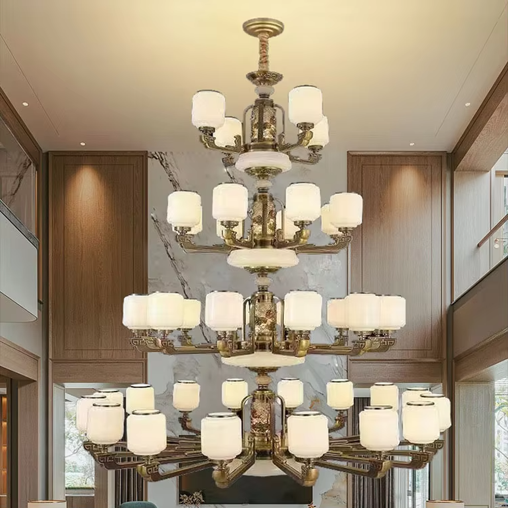 New Chinese-style multi-layer copper art chandelier (copper carved + cloud stone lampshade), warm light effect, creating an elegant and grand Chinese-style space atmosphere.