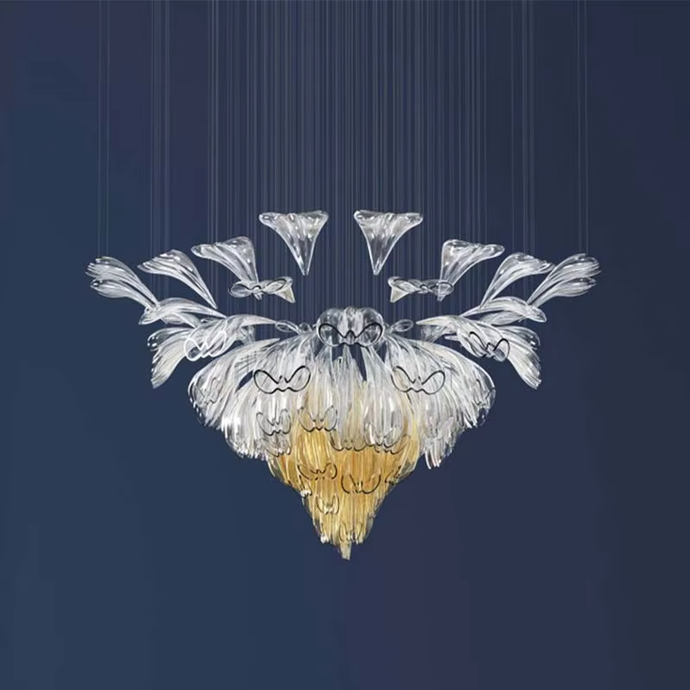 Art calla lily crystal chandelier (transparent + gradient yellow crystal calla lily shape), warm light effect, creating an elegant and dreamy high-end space atmosphere.