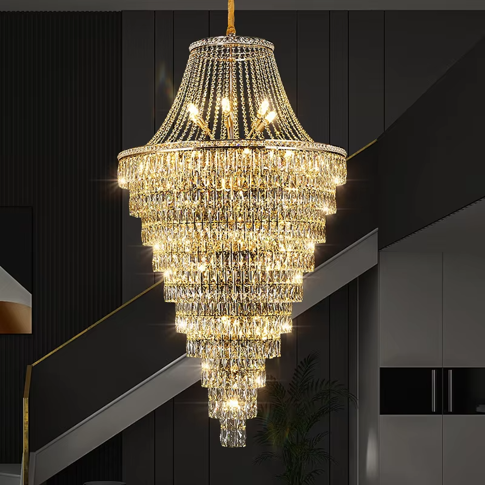 Luxurious multi-layer tower-shaped crystal chandelier, golden frame paired with dense crystal pendant decorations, brilliant and gorgeous lighting, creating a high-end luxurious atmosphere.