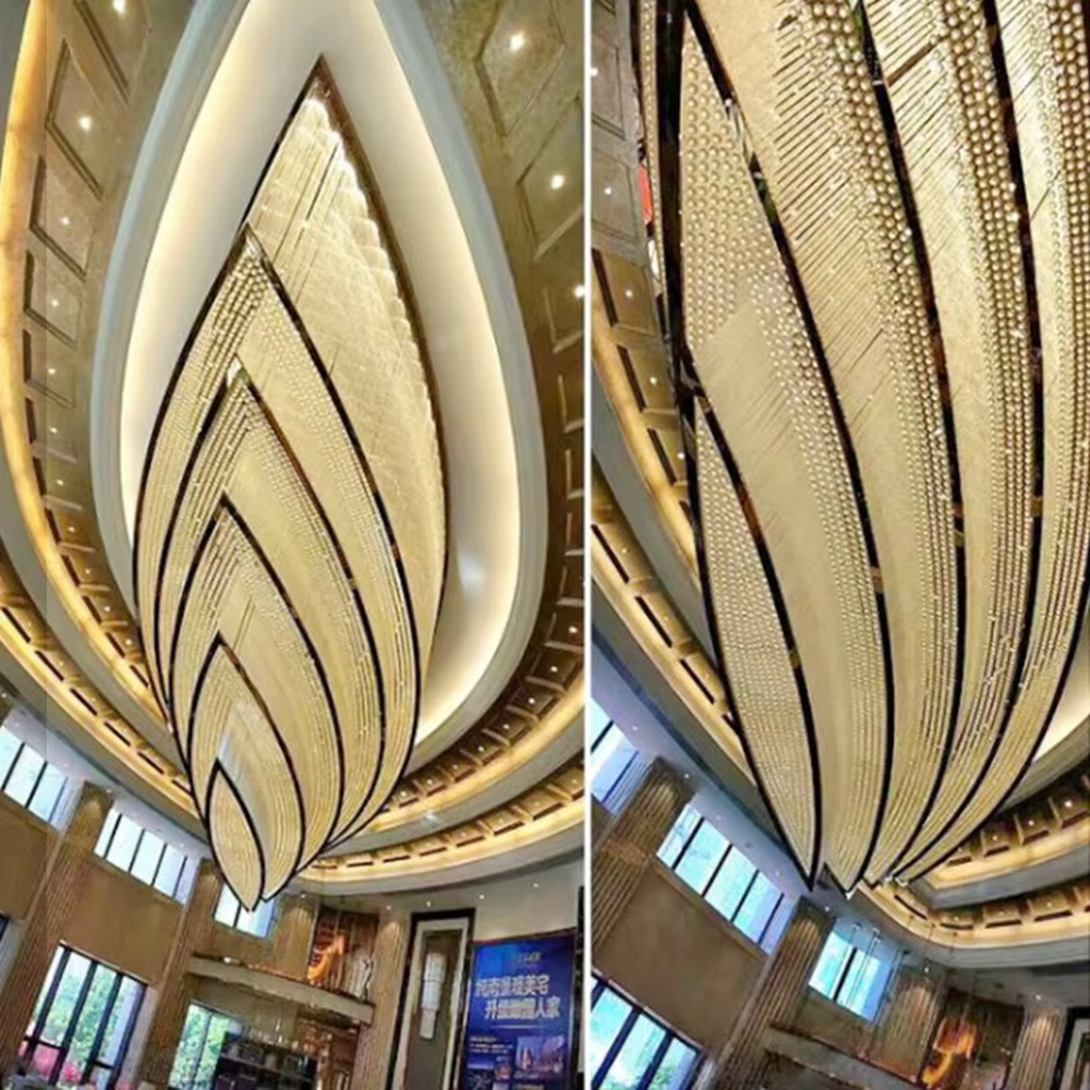 Modern luxurious waterdrop-shaped layered curved golden crystal (light bead) ceiling chandelier (black edge decoration), warm light effect, creating a high-end grand artistic space atmosphere.