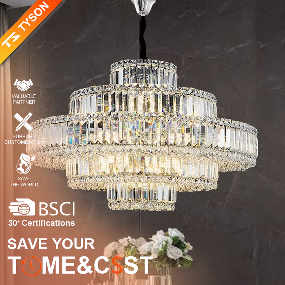 Modern light luxury multi-layer circular iridescent cut crystal chandelier, warm light effect, creating a luxurious and grand space atmosphere.