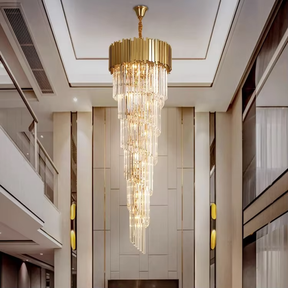 Modern luxurious golden-top long crystal layered high-ceiling chandelier, warm light effect, creating a high-end grand space atmosphere.