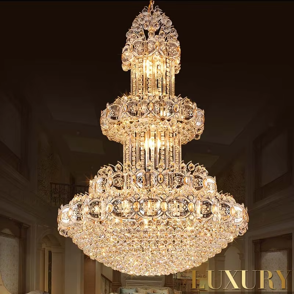 Palace-level luxurious multi-layer full-crystal chandelier, layered crystal shape + brilliant refraction light effect, creating a top-tier noble luxurious high-ceiling space atmosphere.