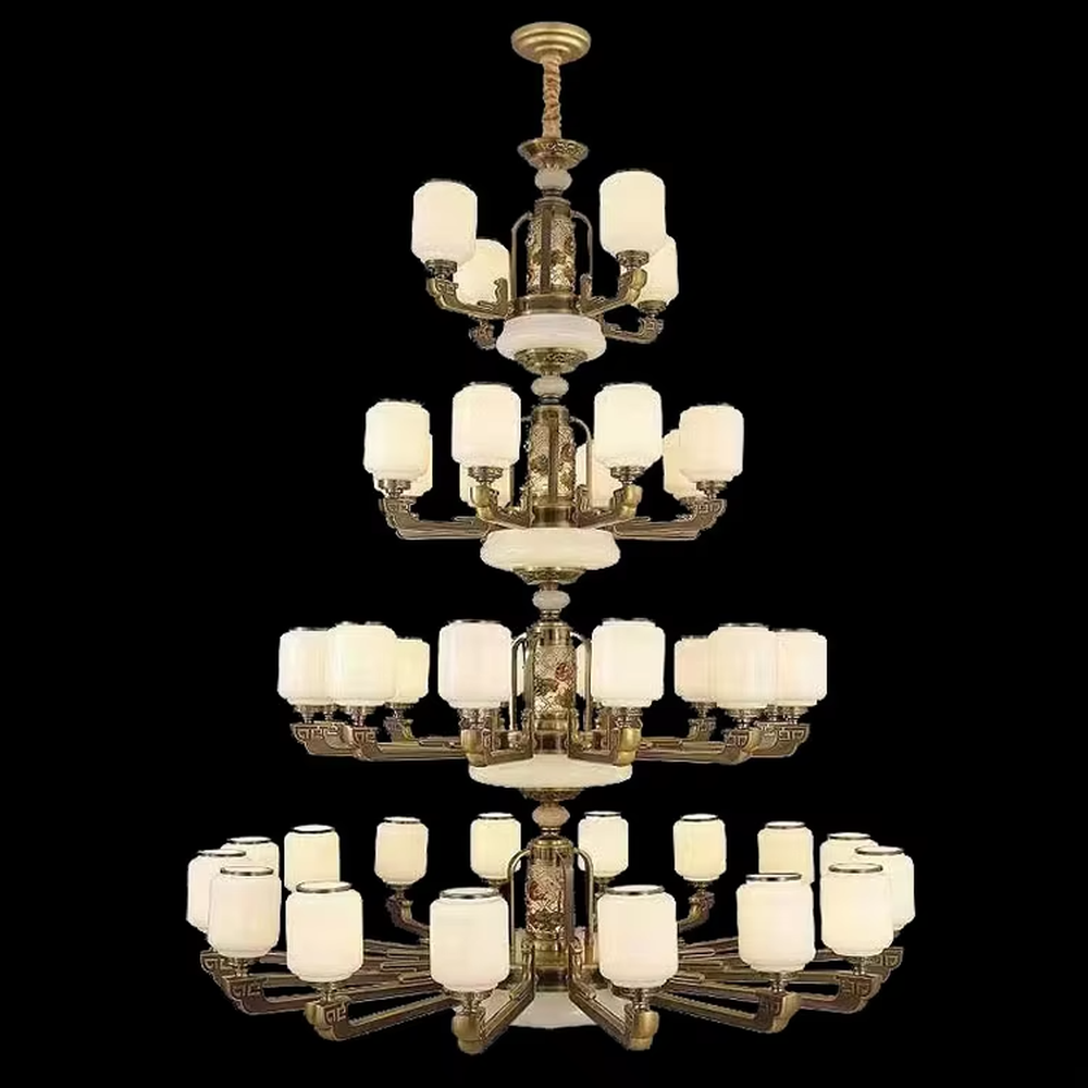 New Chinese-style multi-layer copper art chandelier (copper carved + cloud stone lampshade), warm light effect, creating an elegant and grand Chinese-style space atmosphere.