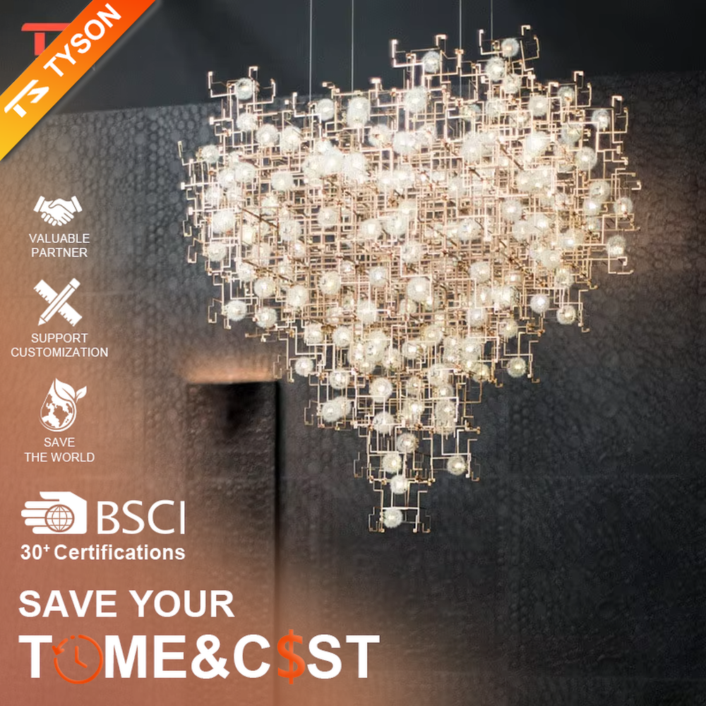 This art chandelier features a gold metal grid frame with embedded luminous light-transmitting balls to create an irregular nebula shape, serving both lighting and artistic decoration purposes, ideal for commercial spaces such as sales offices, art exhibition halls, and high-end clubs.