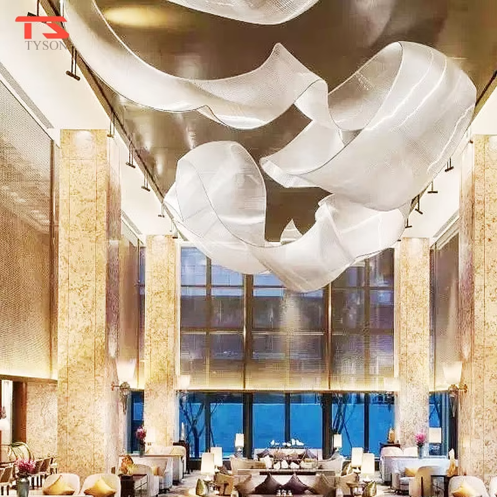 This large-scale art ribbon chandelier is made of semi-translucent material with pink-purple-blue-green gradients, featuring a flowing, pendant ribbon shape. It serves both lighting and artistic installation purposes, ideal for high-ceiling commercial spaces such as shopping mall atriums, hotel lobbies, and art galleries.