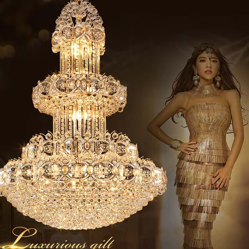 Palace-level luxurious multi-layer full-crystal chandelier, layered crystal shape + brilliant refraction light effect, creating a top-tier noble luxurious high-ceiling space atmosphere.