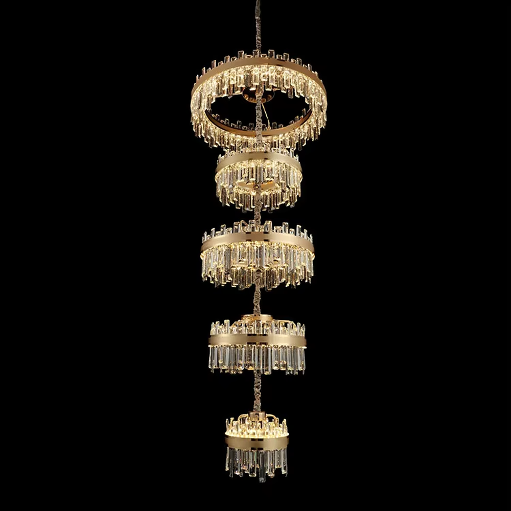 Modern top-luxury multi-layer ring crystal chandelier, golden frame + gradient ring design + full crystal inlay, brilliant warm light creates high-end luxurious atmosphere.