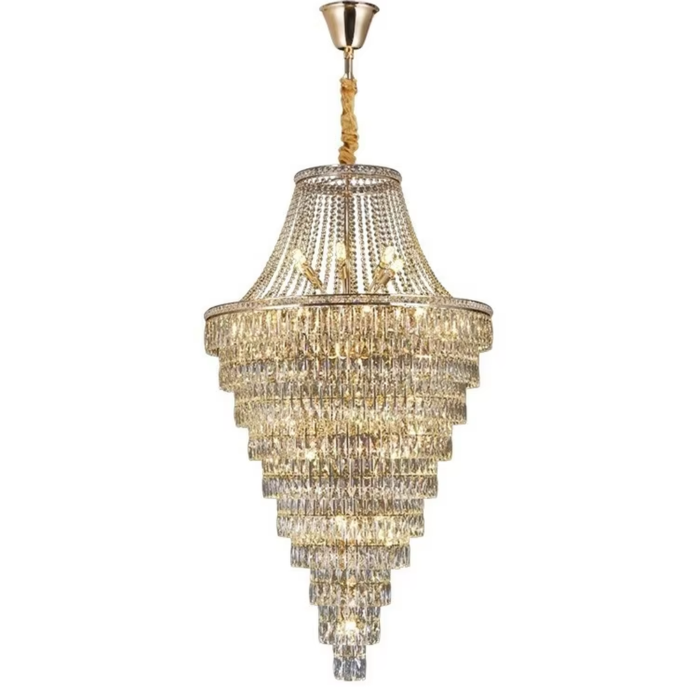 Luxurious multi-layer tower-shaped crystal chandelier, golden frame paired with dense crystal pendant decorations, brilliant and gorgeous lighting, creating a high-end luxurious atmosphere.