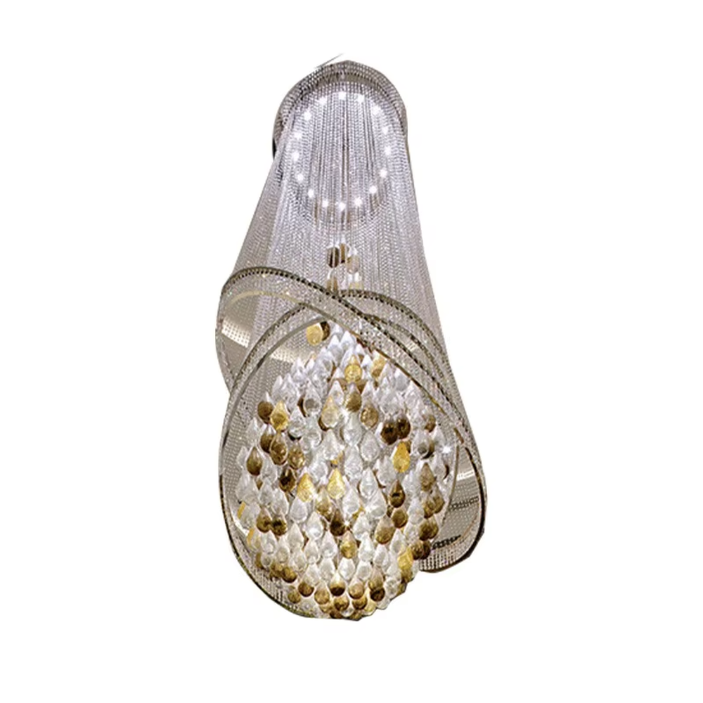 This large dome crystal chandelier features a multi-layered hanging teardrop design made of transparent and yellow-white gradient crystals, serving both lighting and artistic decoration purposes, with free design and professional engineering customization available, ideal for high-end high-ceiling spaces such as villa staircases, hotel lobbies, and sales offices.