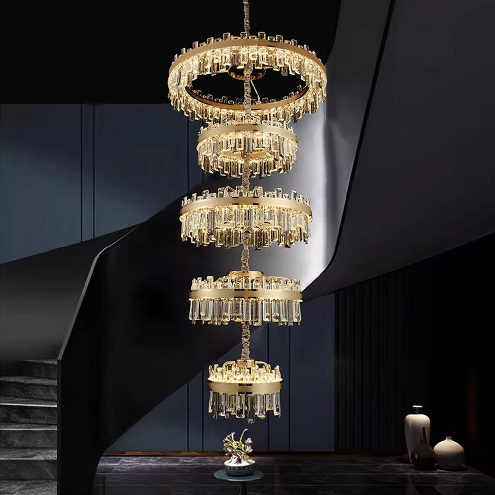 Modern luxurious multi-layer circular golden frame long crystal chandelier, warm light effect, creating a high-end artistic space atmosphere.