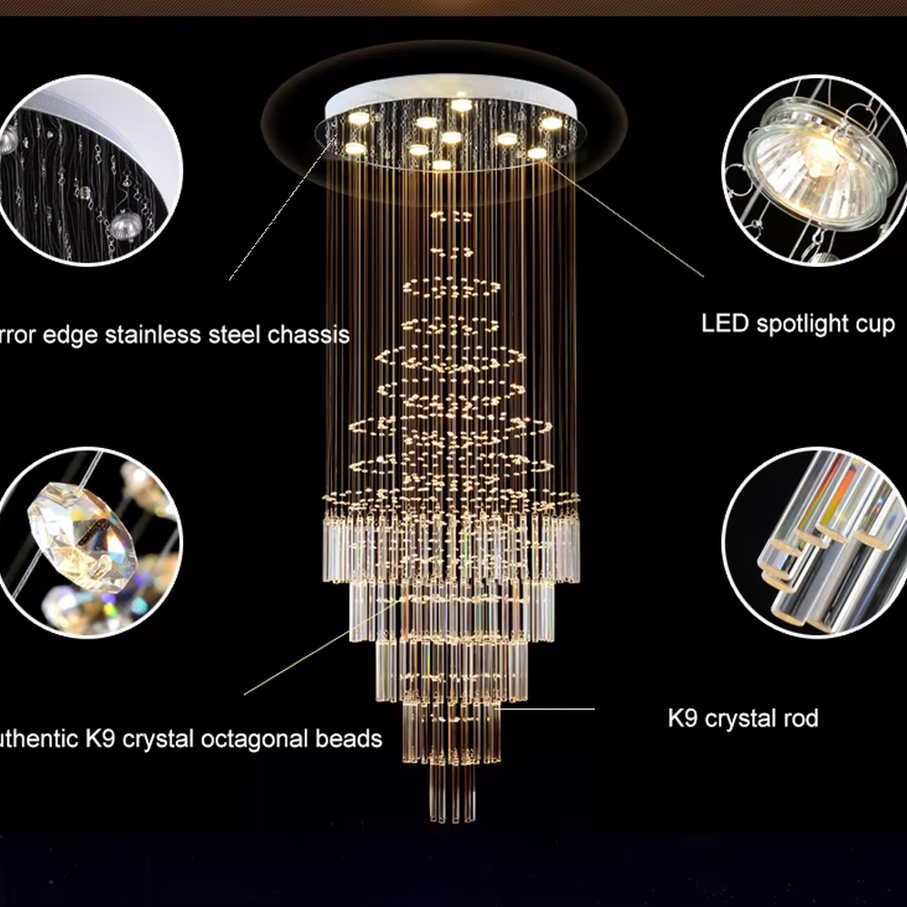 Luxurious retro circular ceiling-mounted golden crystal long string + particle decoration high-ceiling chandelier, warm light effect, creating a retro luxurious space atmosphere.