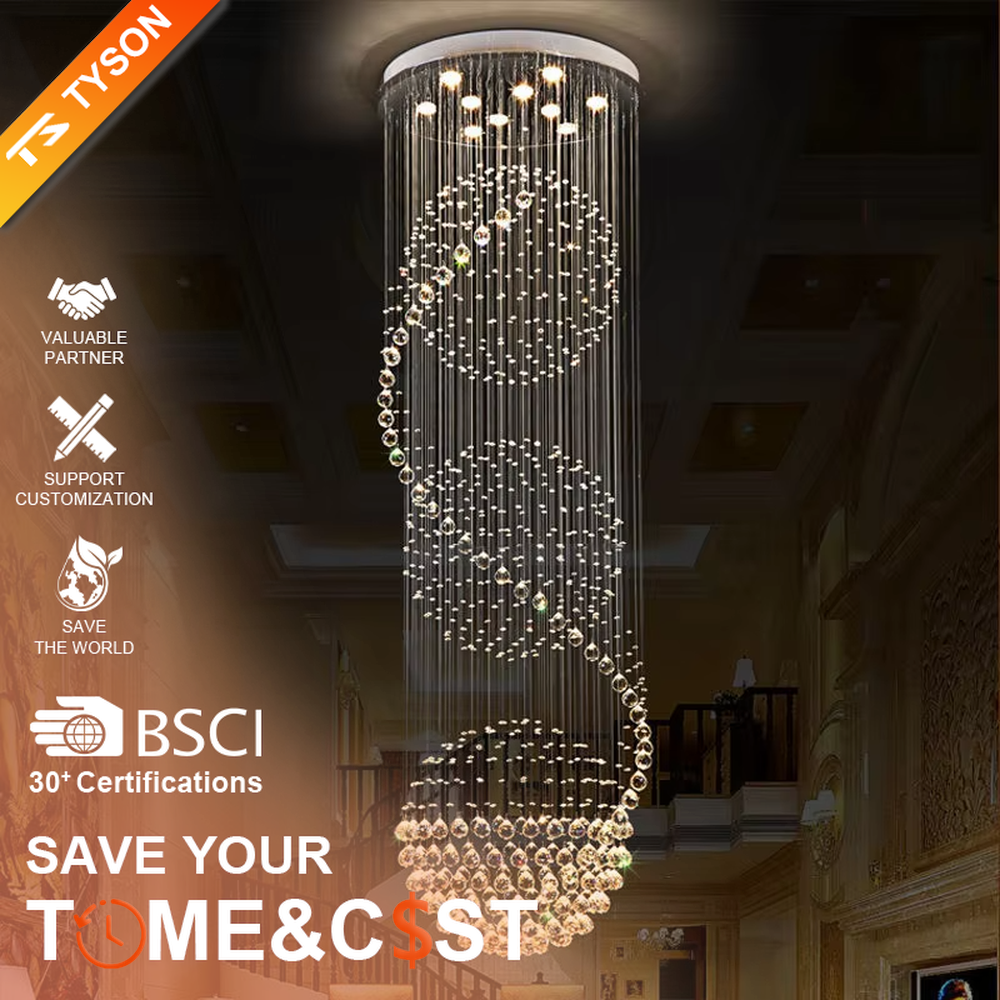 Modern art spiral spherical crystal high-ceiling chandelier, warm light effect, creating a luxurious and dynamic space atmosphere.