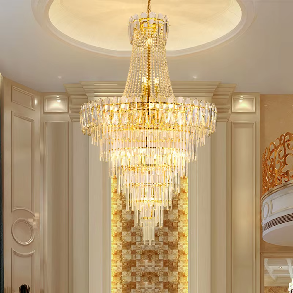 European-style luxury multi-layer golden frame crystal high-ceiling chandelier, full crystal pendants + warm light effect, creating a solemn and luxurious atmosphere in large spaces.