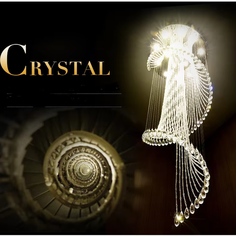 Modern art spiral transparent waterdrop crystal ceiling chandelier, silver-toned ceiling plate, warm light effect, creating a flowing artistic light luxury atmosphere.