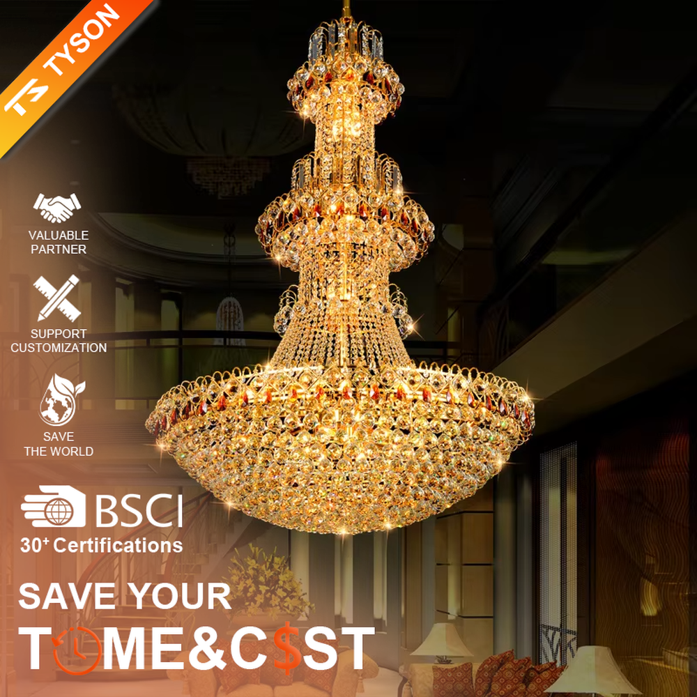 Luxurious multi-layer golden metal frame crystal chandelier, inlaid with gold and red two-color crystals, brilliant and gorgeous lighting, creating a noble-level luxurious atmosphere.