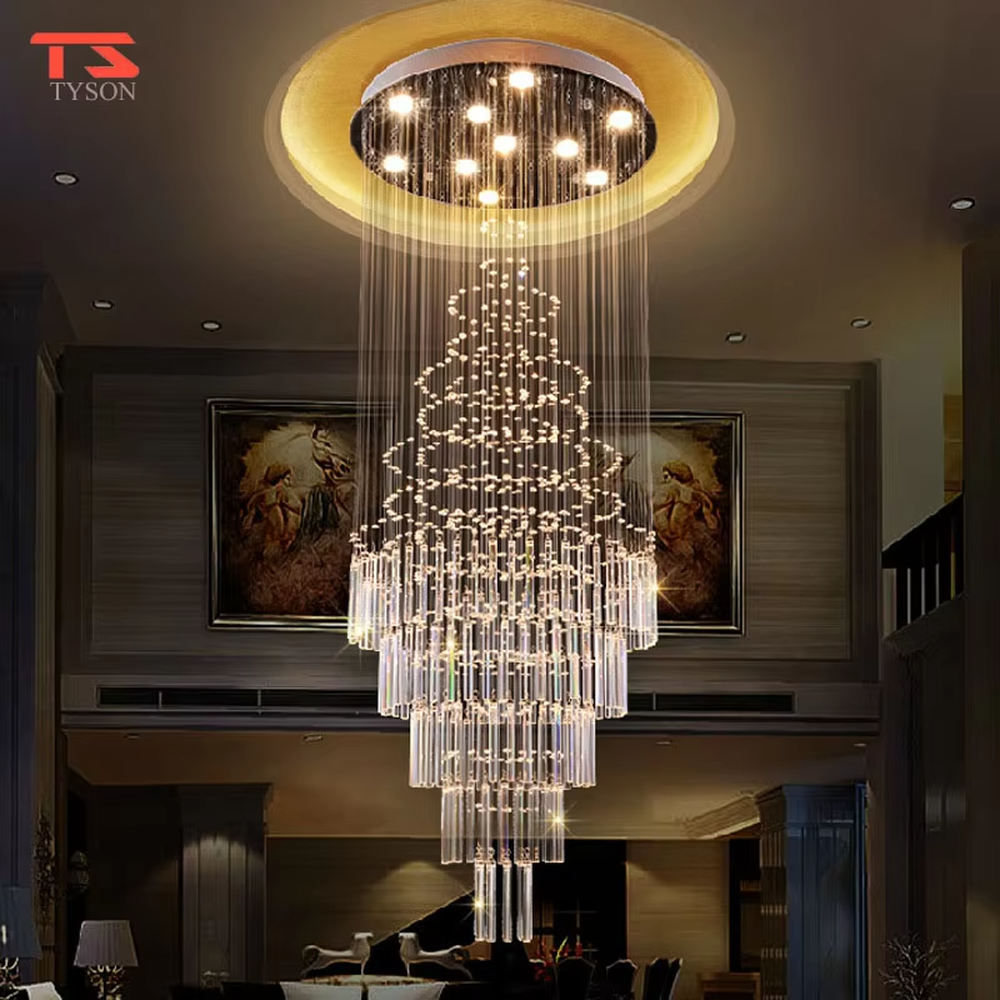 European luxury waterfall-style crystal chandelier, composed of multi-layer crystal columns and particles in a cascading structure, paired with a silver metal frame. It emits brilliant and transparent light, combining artistic decorativeness and lighting function, suitable for core lighting and atmosphere creation in high-ceiling spaces such as villa high-ceiling living rooms, hotel lobbies, and high-end clubs.