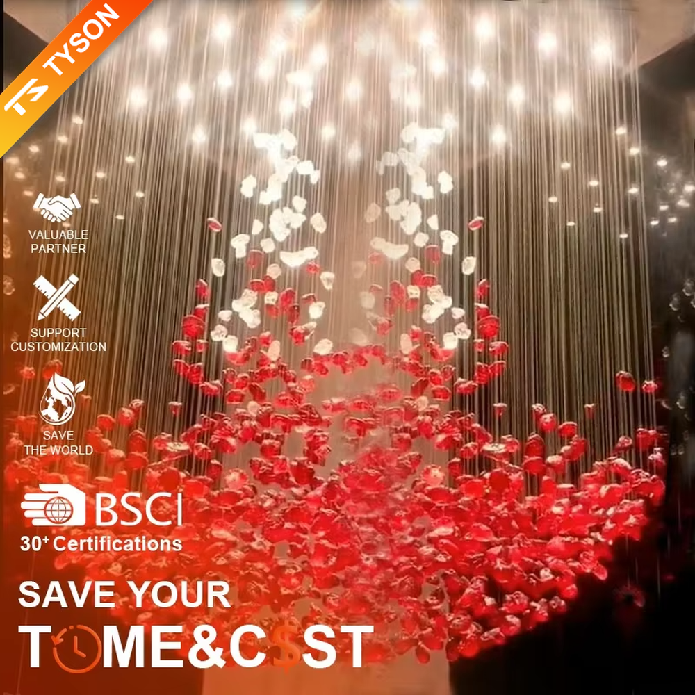 Art pink crystal cluster chandelier (hanging crystals + warm light), warm light effect, creating a romantic and brilliant atmosphere for high-end public spaces.