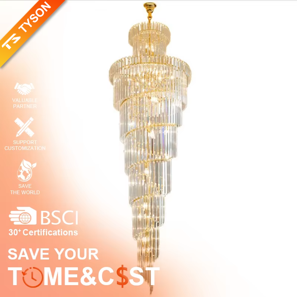 This is an European-style luxurious long cone-shaped crystal chandelier, featuring a pagoda-style structure crafted from multi-layer dense crystal strips, emitting brilliant and gorgeous light, serving both lighting and decorative purposes, suitable for villa high-ceiling staircases, duplex void living rooms, hotel lobbies and other scenarios.
