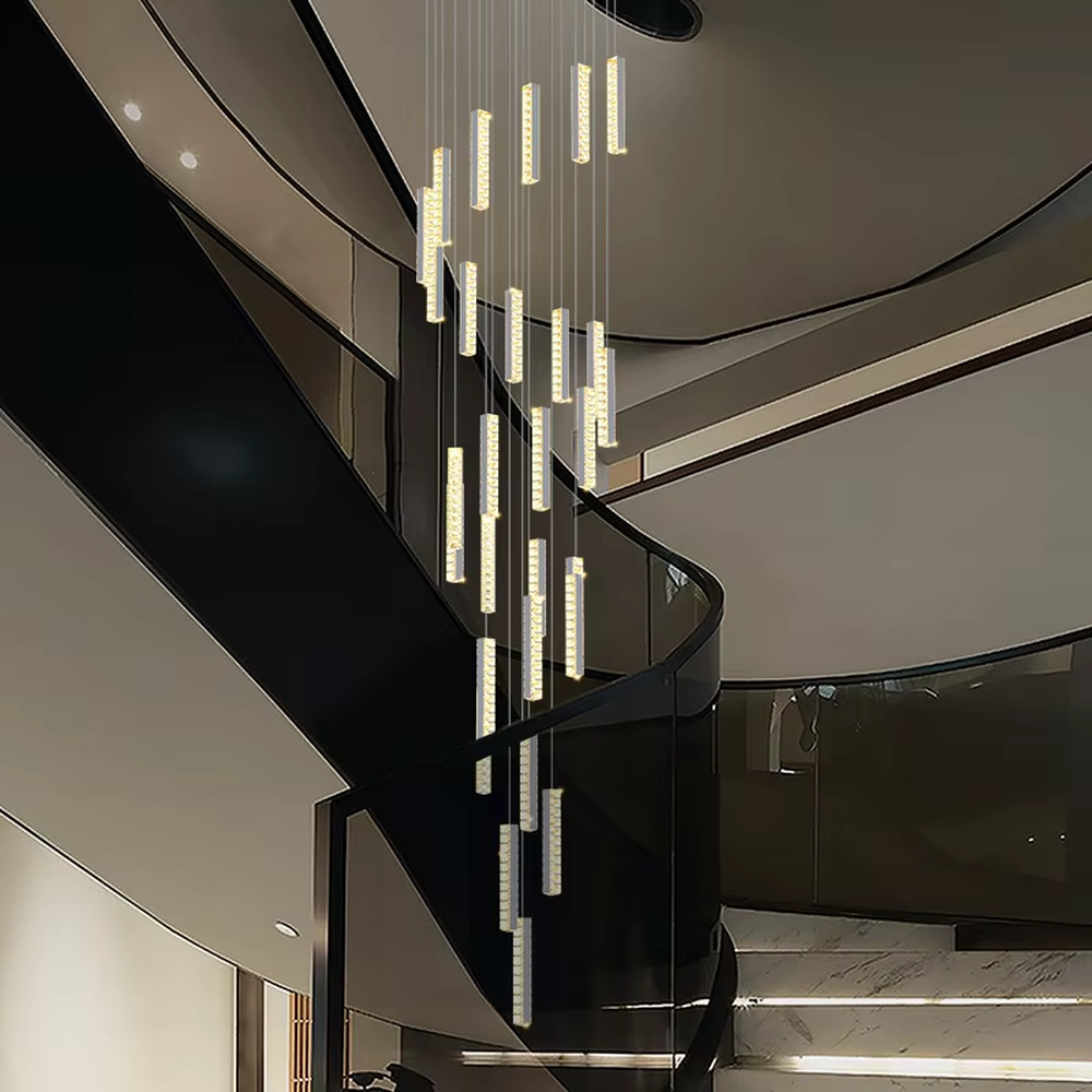 Modern light luxury crystal cylindrical multi-head cascading chandelier, with multiple groups of luminous crystal cylindrical lamp heads hanging staggered, emitting soft and transparent light, combining artistic decorativeness and lighting function, suitable for core lighting and atmosphere creation in high-ceiling spaces such as duplex stairs, villa hollow areas, and high-ceiling living rooms.