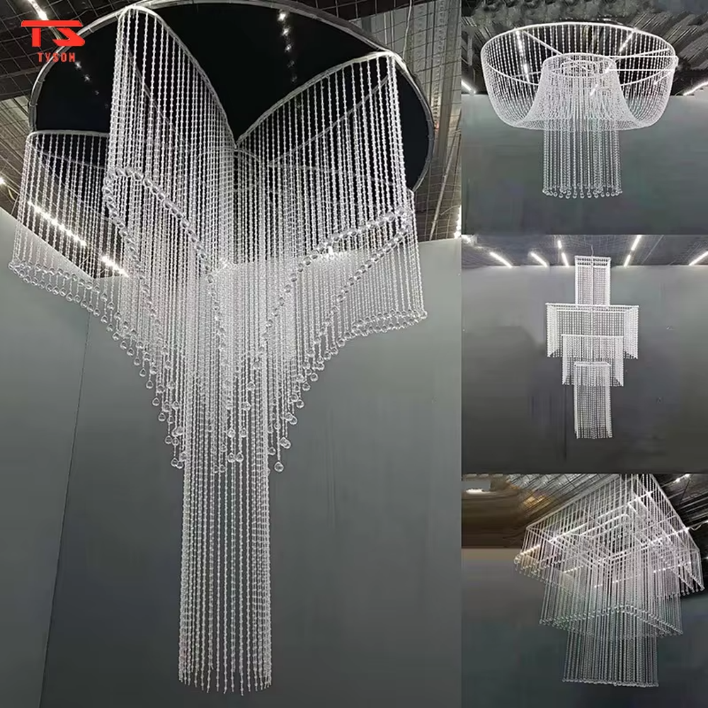Custom crystal beaded engineering chandelier series, made of transparent crystal beads to create Y-shape, round, cross, square and other multi-shapes, with brilliant and transparent light, designed to create a high-end luxurious space atmosphere, suitable for large engineering scenarios such as hotel lobbies, sales offices, and club high-ceiling spaces