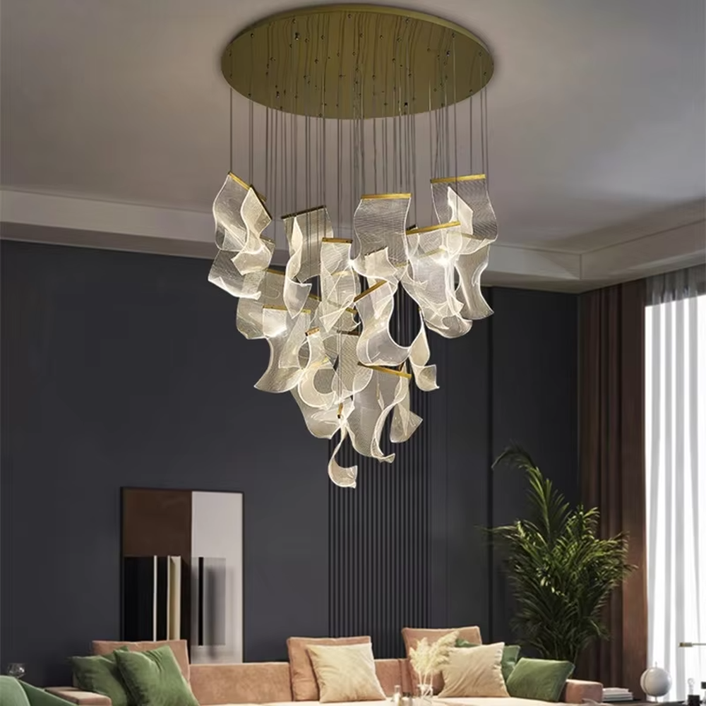 This is a modern artistic suspended chandelier, featuring an irregular clustered shape crafted from translucent pleated material, as light and dreamy as a cloud. It emits soft and gentle light, serving both lighting and artistic decoration purposes, suitable for villa high-ceiling living rooms, duplex voids, high-end clubs, art exhibition halls and other spaces.