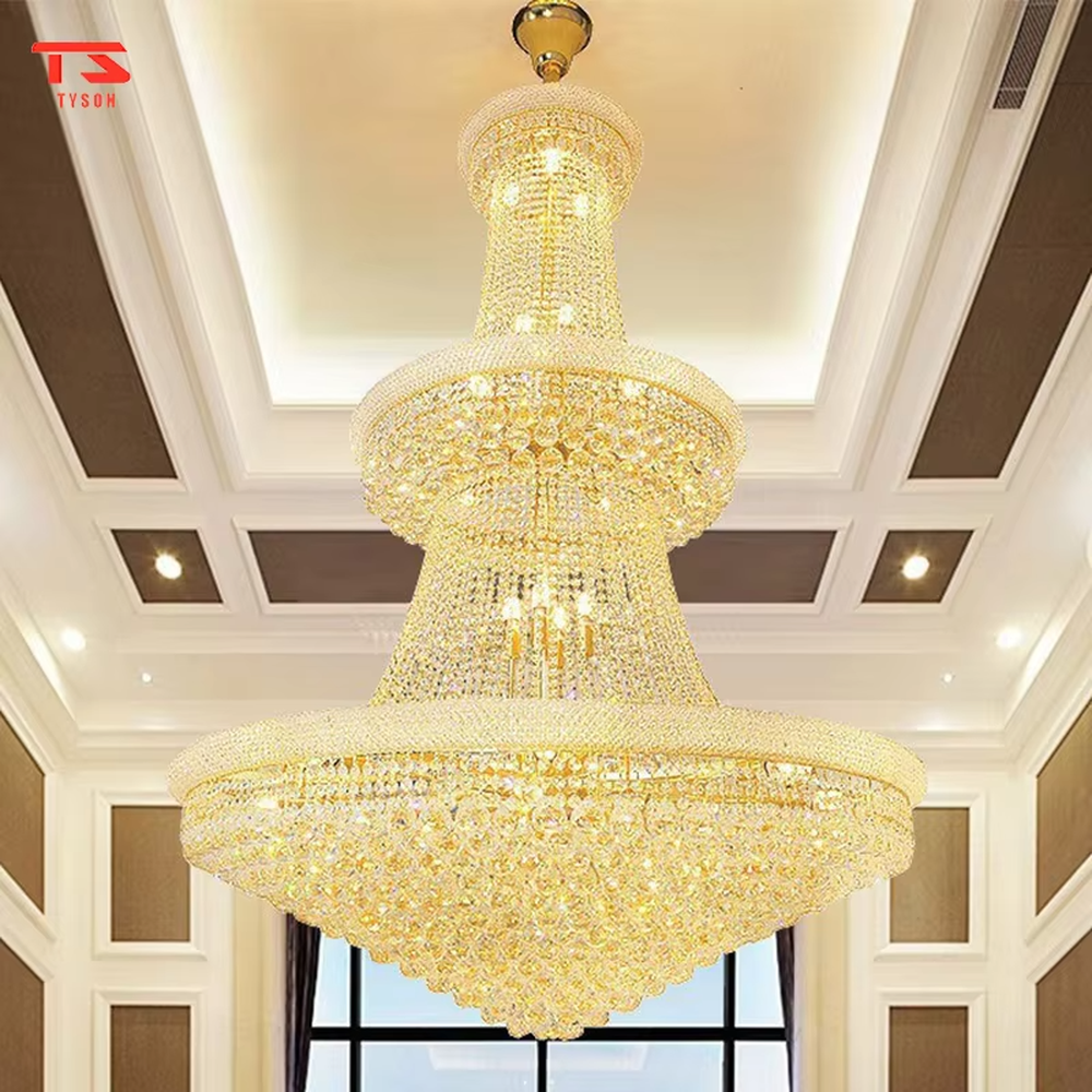 Multi-tiered tower-shaped golden crystal chandelier, with multi-layer dense crystal pendants and gold metal frames, providing brilliant and luxurious light, designed to create a high-end and grand space atmosphere, suitable for high-ceiling engineering scenarios such as villa high-ceiling living rooms, duplex buildings, hotel lobbies, and clubs