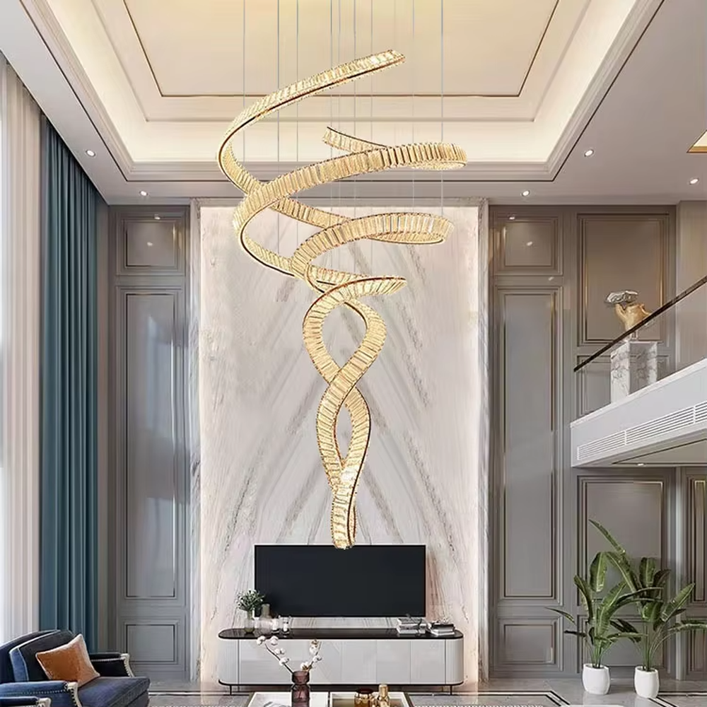 Modern art streamlined crystal chandelier, composed of multiple groups of spirally wrapped crystal strips forming a vivid ribbon shape, emitting brilliant and transparent light, combining artistic decorativeness and lighting function, suitable for core decoration and main lighting in high-ceiling spaces such as duplex stairs, villa hollow areas, and high-end clubs.