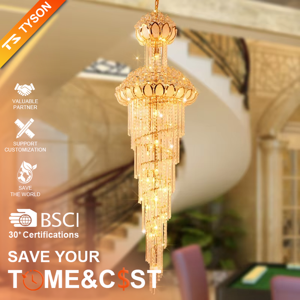 Multi-tiered lotus-top golden crystal chandelier, gold metal frame with dense crystal strips hanging to create a tower structure, lotus-shaped top, brilliant and luxurious light, designed to create a high-end atmosphere in high-ceiling spaces, suitable for engineering scenarios such as villa duplexes, hotel lobbies, and club atriums