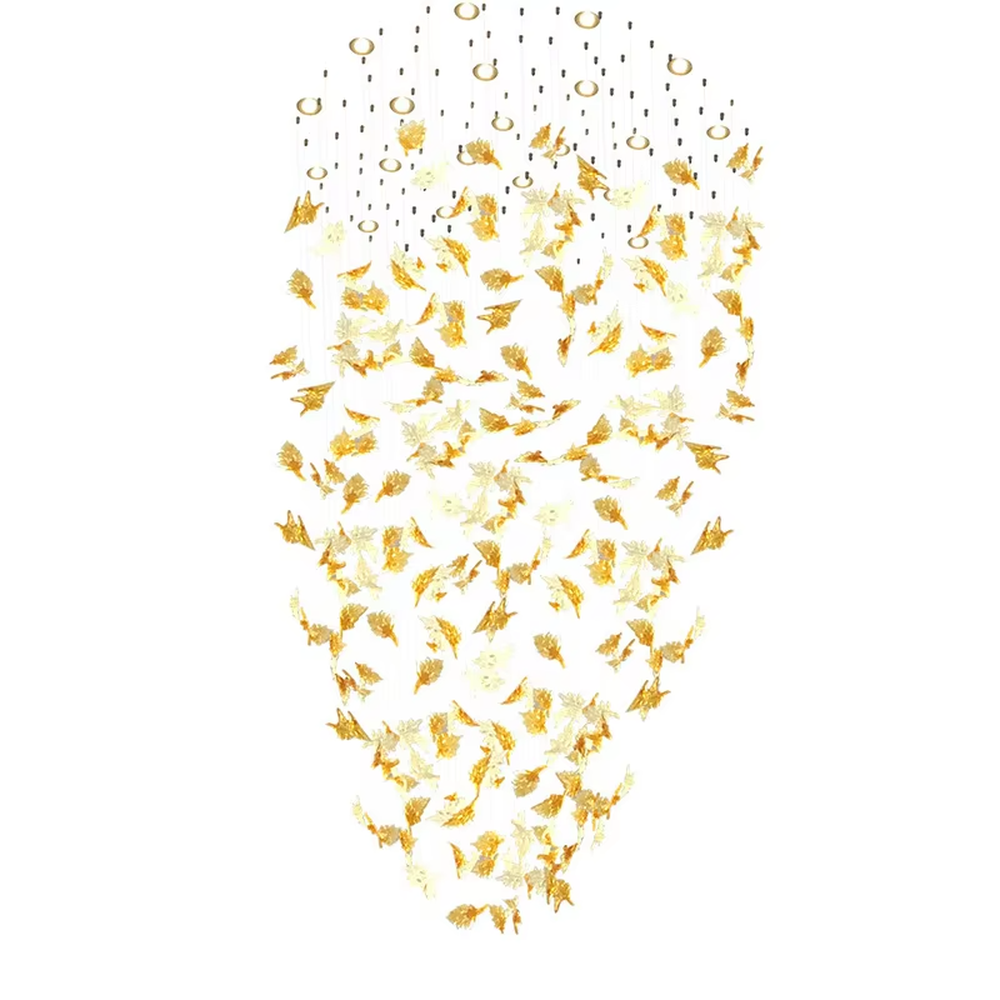 Modern art large chandelier, with leaf-shaped glass/acrylic in white to yellow-orange gradient as the main body, hanging in a suspended staggered manner, emitting transparent and brilliant light, combining artistic decorativeness and lighting function, suitable for core decoration and main lighting in large high-end spaces such as hotel lobbies, high-end clubs, and sales offices.
