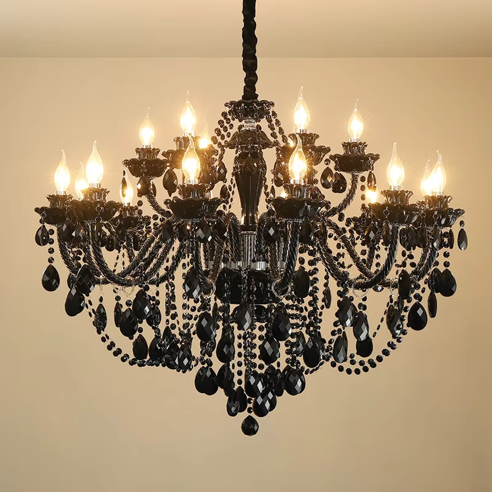 European-style luxury golden crystal chandelier, with amber multi-layer crystal pendants, off-white fabric lampshades and gold carved metal frames, providing warm and brilliant light, designed to enhance the luxurious atmosphere of spaces, suitable for high-end scenarios such as villa living rooms, hotel lobbies, and banquet halls