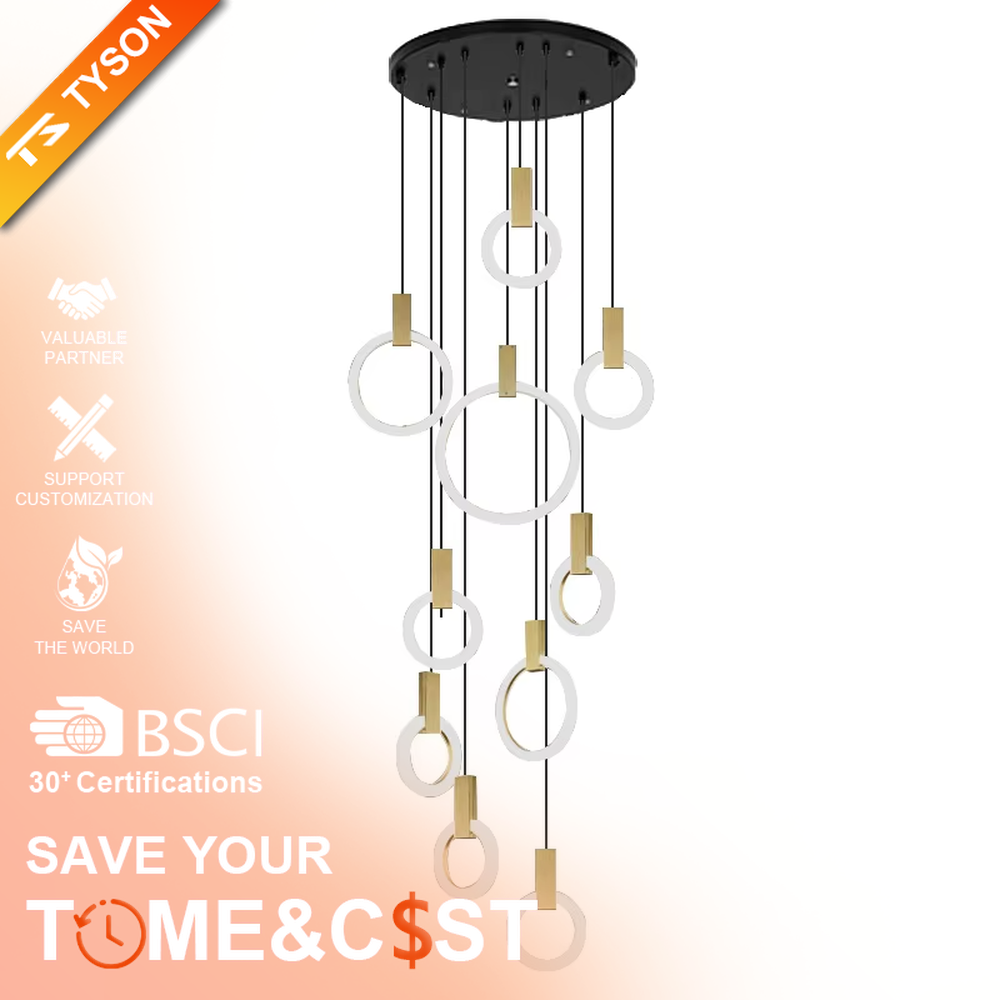 Minimalist ring tiered chandelier (gold accessory + white ring + warm light), warm light effect, creating a modern and high-end space atmosphere.