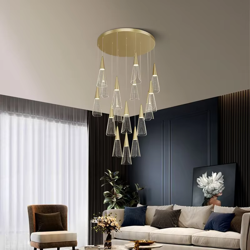 This is a modern minimalist staggered cone mesh chandelier, featuring a black metal base paired with multiple hollow mesh cone lampshades. It emits soft and transparent light, serving both lighting and decorative purposes, suitable for duplex staircases, light luxury living rooms, dining rooms, bars and other scenarios.