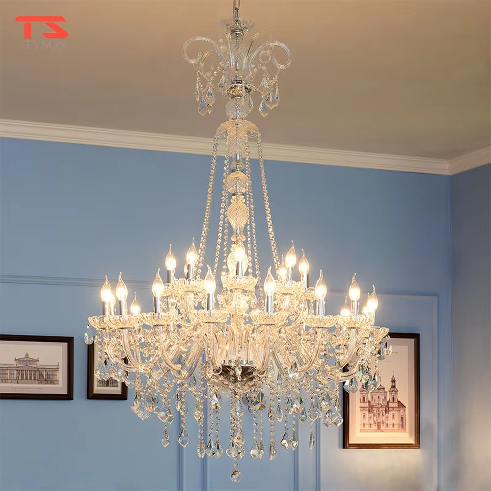 This is an European-style luxurious crystal chandelier, featuring a candle-shaped frame crafted entirely from crystal, paired with hanging crystal pendants. It emits brilliant and gorgeous light, serving both lighting and decorative purposes, suitable for villa living rooms, European-style dining rooms, hotel suites, banquet halls and other scenarios.