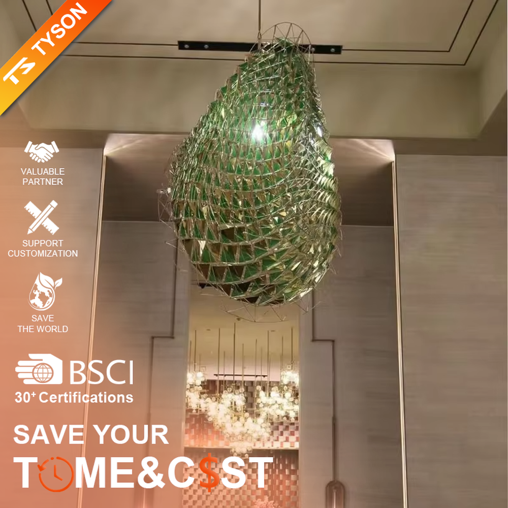 Water-drop shaped light luxury art chandelier with a metal woven frame and green decorative pieces, featuring soft light transmission, designed to enhance the artistic atmosphere of spaces, suitable for high-end indoor scenarios such as hotel lobbies, clubs, and villa entrances