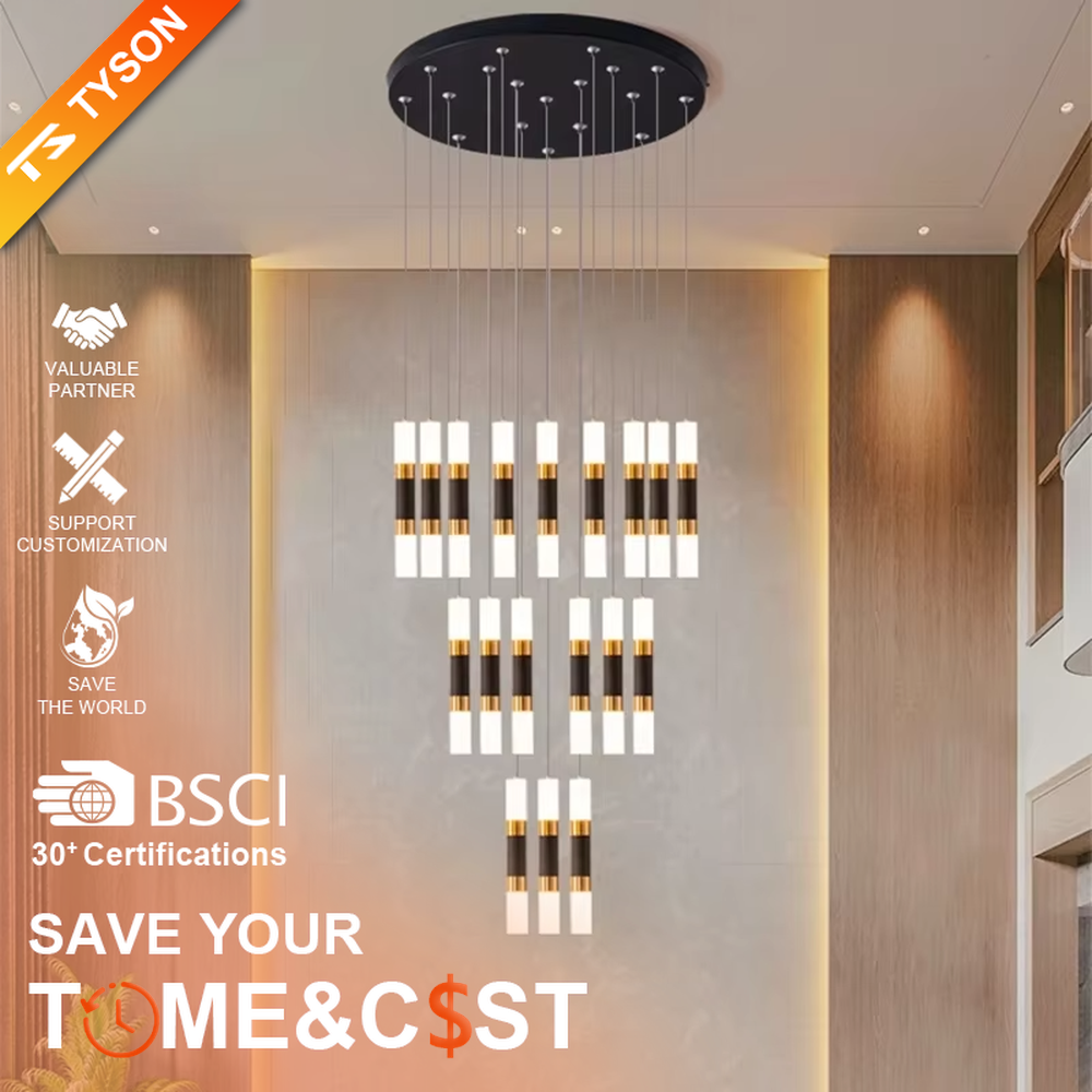 Modern light luxury black-gold multi-head cascading chandelier, with black-gold metal spliced lamp bodies paired with white luminous cylindrical lamp heads, arranged in a staggered hanging layout on a circular black base, emitting soft and even light, combining decorativeness and practicality, suitable for core lighting and atmosphere creation in high-ceiling spaces such as duplex stairs, high-ceiling living rooms, and villa hollow areas.