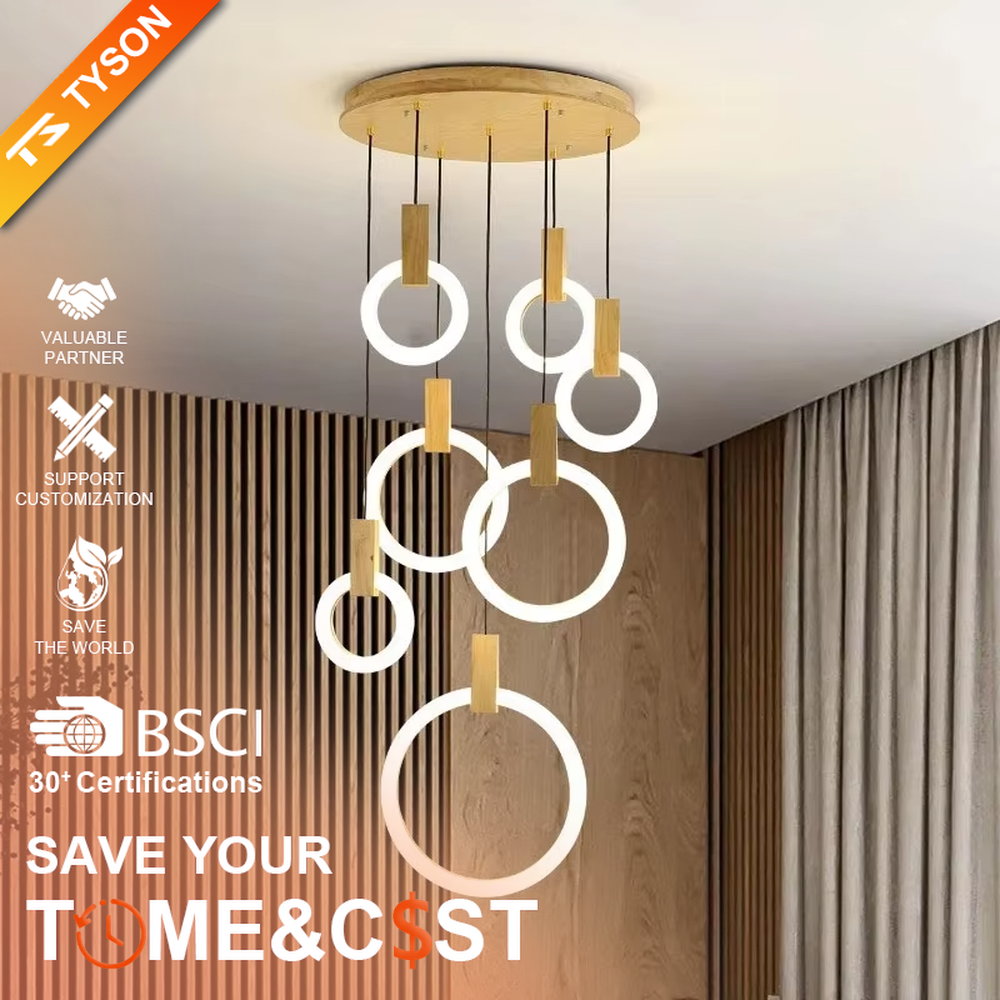 Modern light luxury multi-layer ring LED chandelier, composed of luminous rings of varying sizes and gold metal top bases, hanging in a staggered manner to present a flowing rhythmic sense. It emits soft and even light, combining decorativeness and lighting function, suitable for main lighting and atmosphere creation in high-ceiling spaces such as duplex stairs, high-ceiling living rooms, and villas.