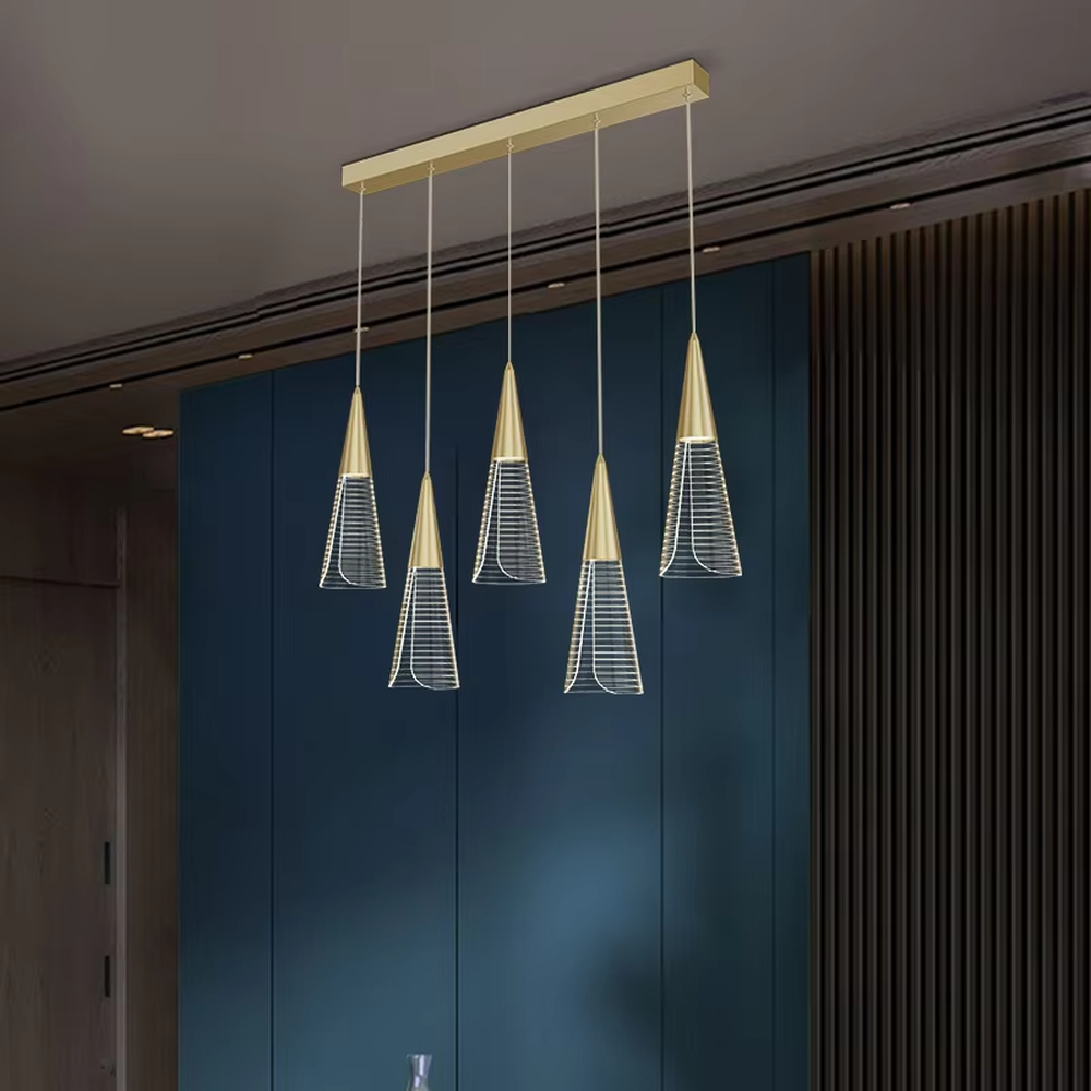 This is a modern minimalist staggered cone mesh chandelier, featuring a black metal base paired with multiple hollow mesh cone lampshades. It emits soft and transparent light, serving both lighting and decorative purposes, suitable for duplex staircases, light luxury living rooms, dining rooms, bars and other scenarios.