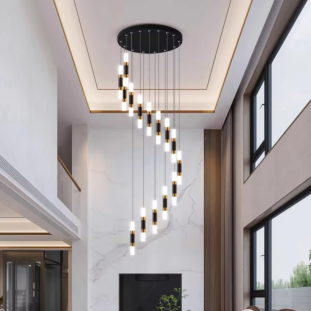 Modern light luxury black-gold multi-head cascading chandelier, with black-gold metal spliced lamp bodies paired with white luminous cylindrical lamp heads, arranged in a staggered hanging layout on a circular black base, emitting soft and even light, combining decorativeness and practicality, suitable for core lighting and atmosphere creation in high-ceiling spaces such as duplex stairs, high-ceiling living rooms, and villa hollow areas.