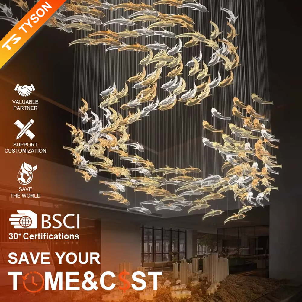 Art bird-shaped chandelier (gold-white gradient birds + warm light), warm light effect, creating a dynamic and natural atmosphere for high-end public spaces.