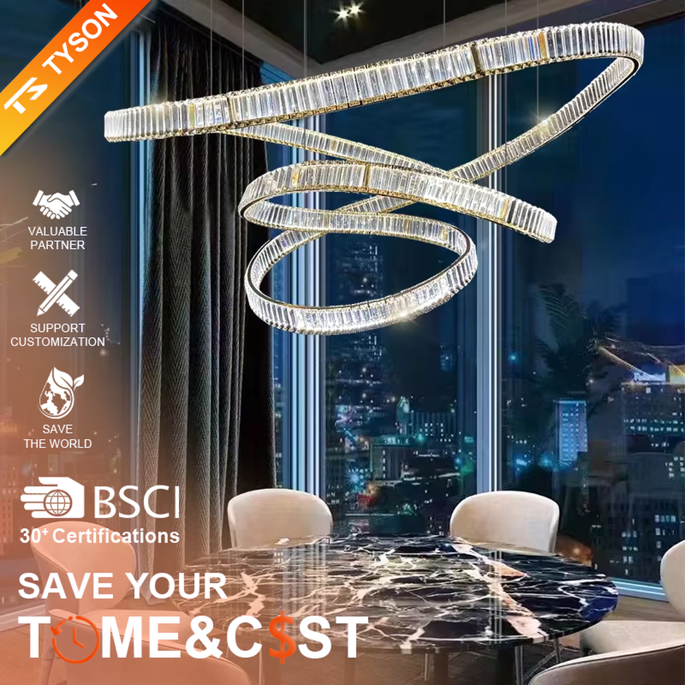 Luxury spiral crystal chandelier (multi-faceted cut crystals + curved shape), warm light effect, creating a brilliant and high-end light luxury space atmosphere.