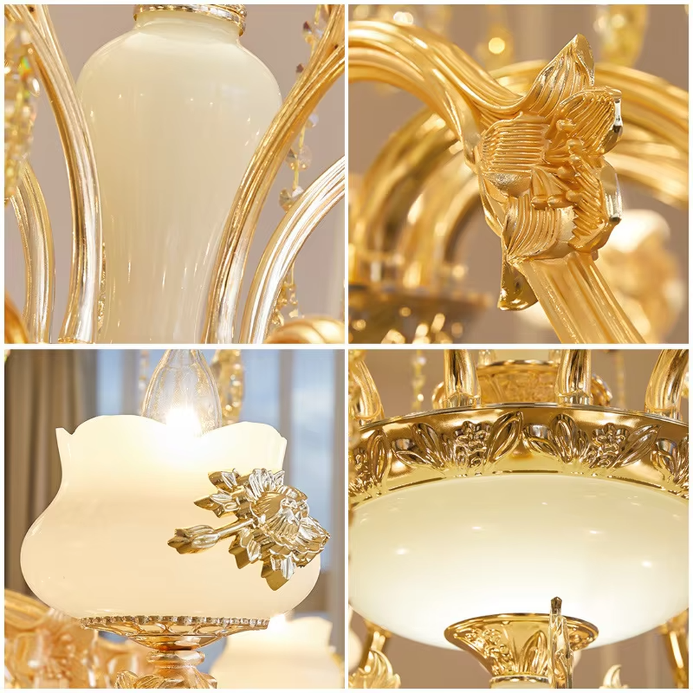 European court-style multi-tiered golden crystal chandelier, gold iron frame paired with high-transparency crystal pendants and milk-white glass lampshades, stacked tower shape, brilliant and luxurious light, designed to create a high-end and grand space atmosphere, suitable for large spaces such as villa high-ceiling living rooms, duplex buildings, European hotel lobbies, and clubs