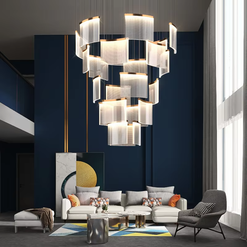 Modern light luxury multi-layer staggered rectangular cascading chandelier, with gold metal frames paired with semi-transparent textured lampshades, in a stacked floating shape, emitting soft and even light, combining artistic decorativeness and lighting function, suitable for core lighting and atmosphere creation in high-ceiling spaces such as duplex stairs, high-ceiling living rooms, and high-end clubs.