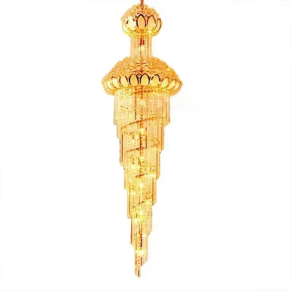 Multi-tiered lotus-top golden crystal chandelier, gold metal frame with dense crystal strips hanging to create a tower structure, lotus-shaped top, brilliant and luxurious light, designed to create a high-end atmosphere in high-ceiling spaces, suitable for engineering scenarios such as villa duplexes, hotel lobbies, and club atriums