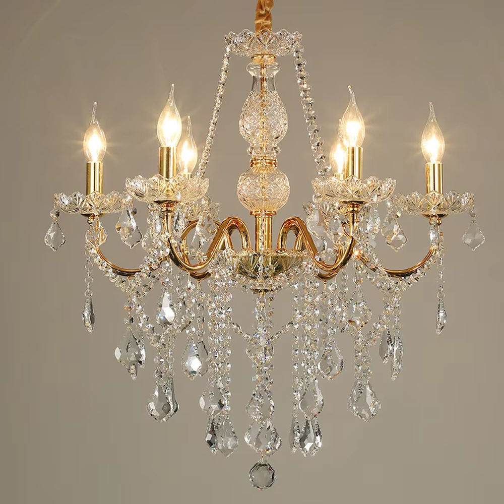European-style luxury crystal chandelier, with a silver chrome-plated metal frame and multi-layer crystal pendants, featuring a candle-style lamp head design, brilliant and gorgeous light, designed to enhance the luxurious atmosphere of spaces, suitable for high-end scenarios such as villa living rooms, hotel lobbies, and banquet halls