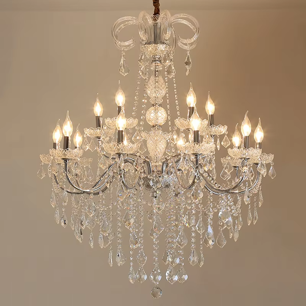 European-style luxury crystal chandelier, with a gold metal frame and multi-layer crystal pendants, featuring a candle-style lamp head design, brilliant and gorgeous light, designed to enhance the luxurious atmosphere of spaces, suitable for high-end scenarios such as villa living rooms, hotel lobbies, and banquet halls